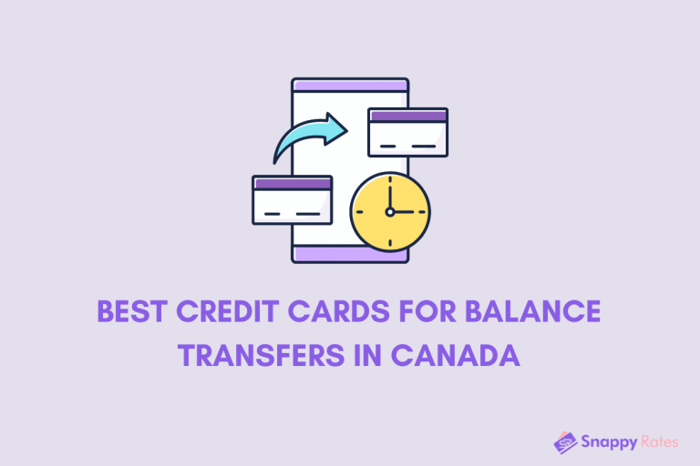 Text that reads “Best Credit Cards for Balance Transfers in Canada” above an image of a screen with popups, an arrow, and a clock