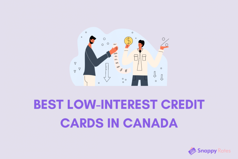 Text that reads “Best low-interest credit cards in Canada” below an image of two people standing opposite an arrow pointing down and one holding a coin