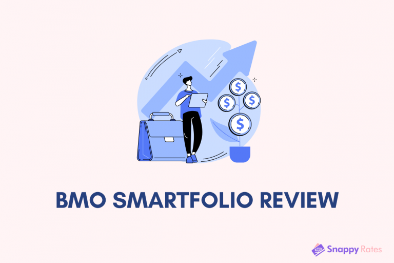 Text that reads “BMO SmartFolio Review” under an image of a person holding a clipboard beside a briefcase and a money plant