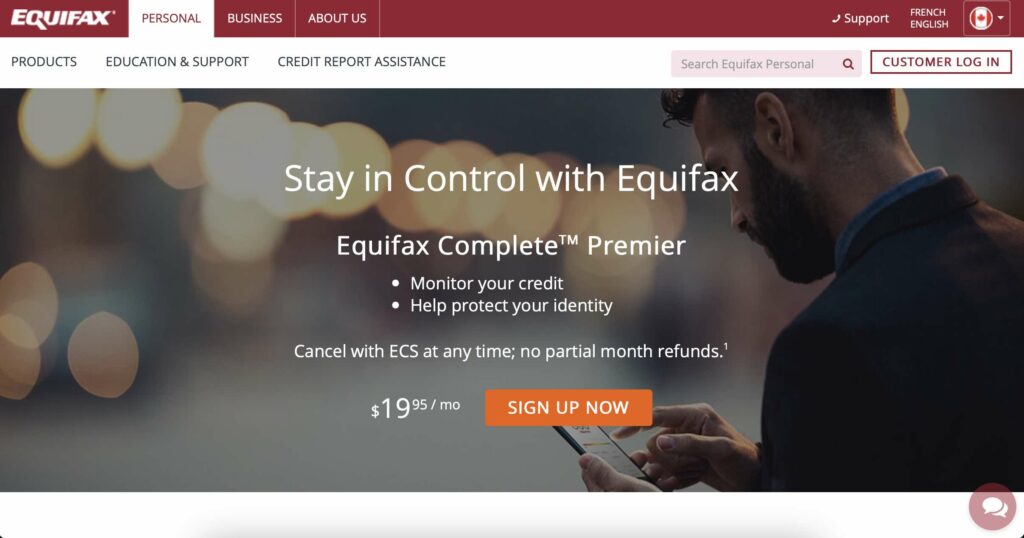 image showing equifax website homepage